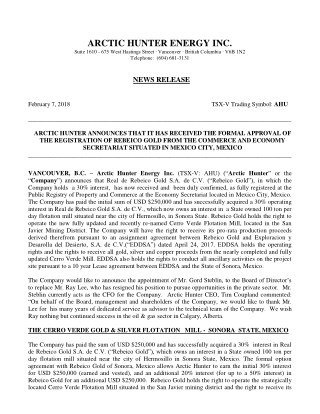 NEWS RELEASE: February 7, 2018 Â© Arctic Hunter Energy Inc. (TSX-V: AHU)