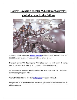 Harley-Davidson recalls 251,000 motorcycles globally over brake failure