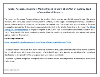 Global Aerospace Fasteners Market Poised to Grow at a CAGR Of 7.5% by 2023: Infinium Global Research