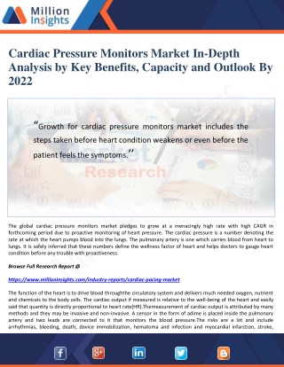 Cardiac Pressure Monitors Market In-Depth Analysis by Key Benefits, Capacity and Outlook By 2022