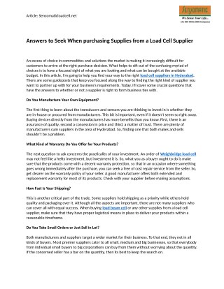 Answers to Seek When purchasing Supplies from a Load Cell Supplier