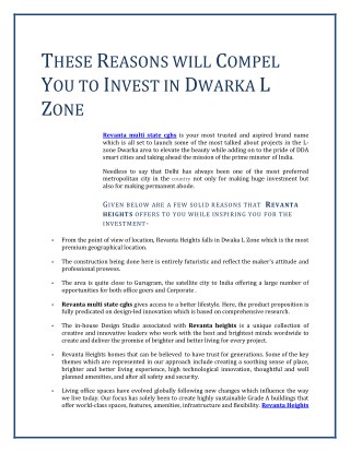 THESE REASONS WILL COMPEL YOU TO INVEST IN DWARKA L ZONE