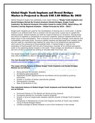 Global Single Tooth Implants and Dental Bridges Market is Projected to Reach US$ 5.69 Billion By 2022