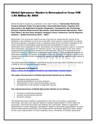 Global Spirometer Market is Determined to Cross US$ 1.03 Billion By 2022