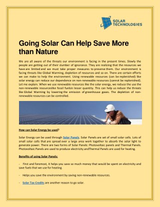 Going Solar Can Help Save More than Nature - Solar Technologies