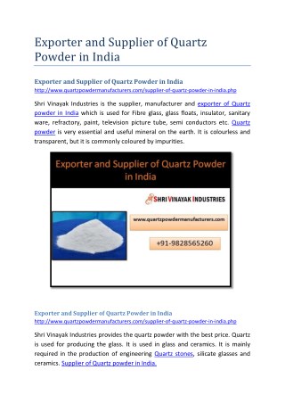 Exporter and Supplier of Quartz Powder in India