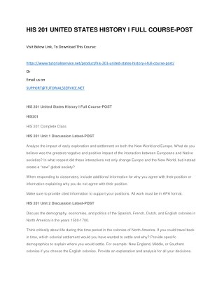 HIS 201 UNITED STATES HISTORY I FULL COURSE-POST
