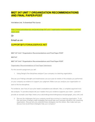 MGT 347 UNIT 7 ORGANIZATION RECOMMENDATIONS AND FINAL PAPER-POST