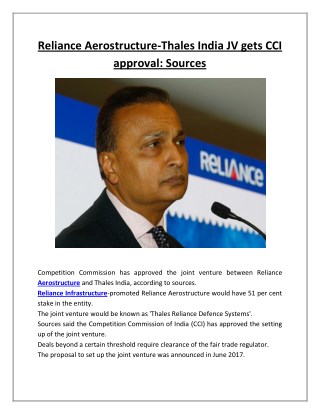 Reliance Aerostructure-Thales India JV Gets CCI Approval Sources