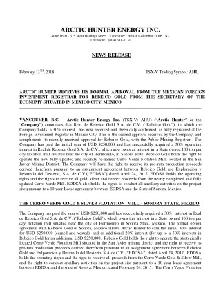 NEWS RELEASE: February 13, 2018 Â© Arctic Hunter Energy Inc. (TSX-V: AHU)