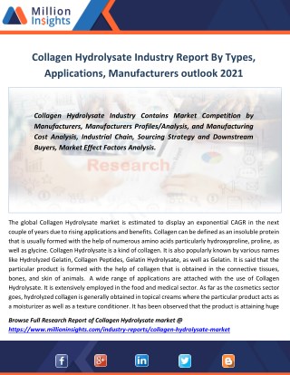 Collagen Hydrolysate Market Trader & Distributor Analysis Forecast 2021