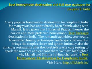 Best honeymoon destination and full tour packages for couples in India