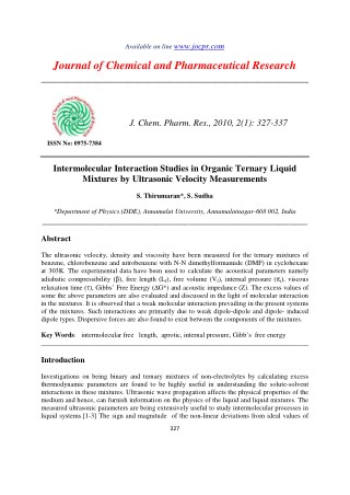Intermolecular Interaction Studies in Organic Ternary Liquid Mixtures by Ultrasonic Velocity Measurements
