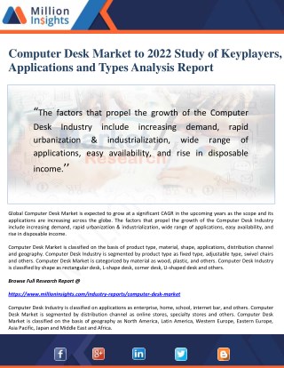 Computer Desk Market to 2022 Study of Keyplayers, Applications and Types Analysis Report