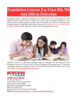 Foundation Courses For Class 8th, 9th And 10th in Dehradun