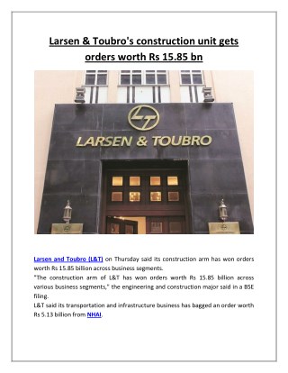 Larsen & toubro's construction unit gets orders worth rs 15 85 bn