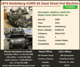 Buy Used 1974 KORD 64 Heidelberg Printing Presses Machine