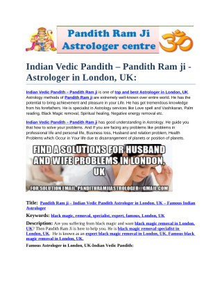 Pandith Ram ji â€“ Indian Vedic Pandith Astrologer in London. UK â€“ Famous Indian Astrologer