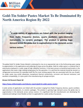 Gold-Tin Solder Pastes Market To Be Dominated By North America Region By 2022