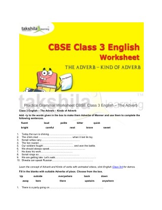 Practice Grammar Worksheet For CBSE Class 3 English - The Adverb