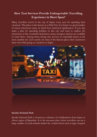 How Taxi Services Provide Unforgettable Travelling Experience in Short Span