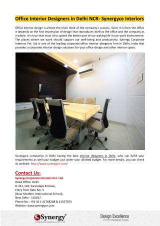 Office Interior Designers in Delhi NCR- Synergyce