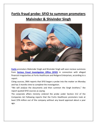 Fortis fraud probe sfio to summon promoters malvinder & shivinder singh