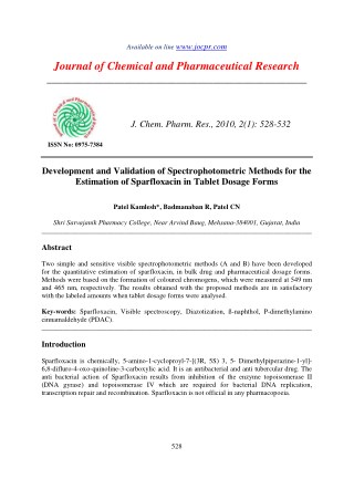 Development and Validation of Spectrophotometric Methods for the Estimation of Sparfloxacin in Tablet Dosage Forms