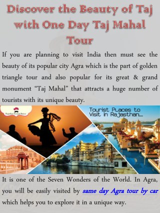 Discover the Beauty of Taj with One Day Taj Mahal Tour
