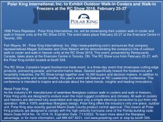 Polar King International, Inc. to Exhibit Outdoor Walk-in Coolers and Walk-in Freezers at the RC Show 2018, February 25-