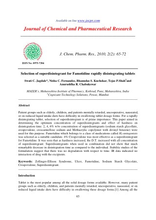 Selection of superdisintegrant for Famotidine rapidly disintegrating tablets