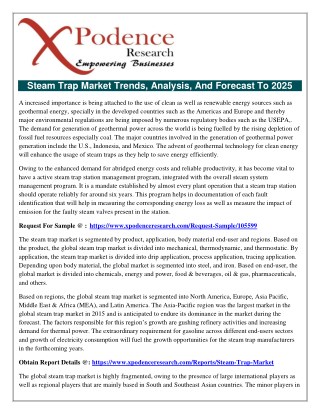 Global Steam Trap (Thermostatic, Mechanical and Thermodynamic) Market Analysis & Trends 2017-2025 - Industry Forecast to