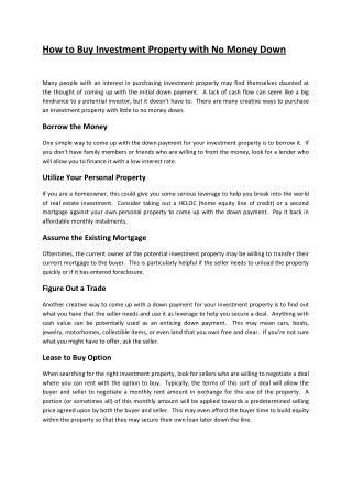 How to Buy Investment Property with No Money Down
