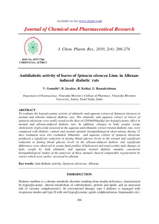 Antidiabetic activity of leaves of Spinacia oleracea Linn. in Alloxaninduced diabetic rats