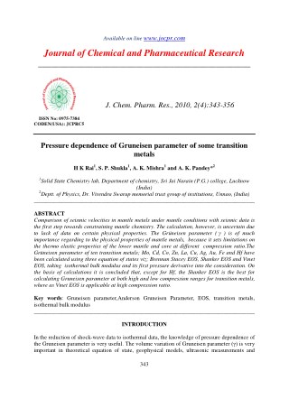 Pressure dependence of Gruneisen parameter of some transition metals