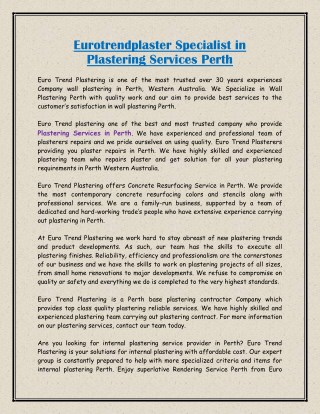 Eurotrendplaster Specialist in Plastering Services Perth