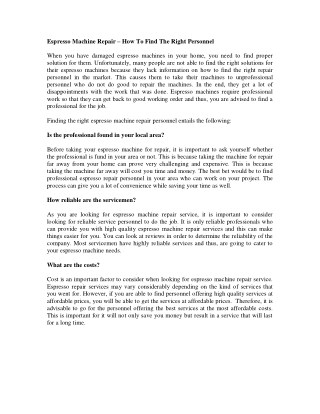 Espresso Machine Repair â€“ How To Find The Right Personnel