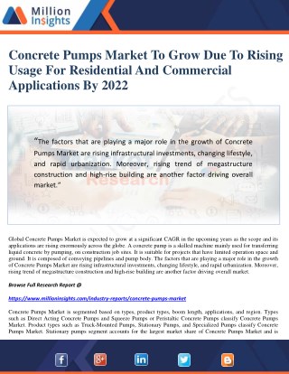 Concrete Pumps Market To Grow Due To Rising Usage For Residential And Commercial Applications By 2022