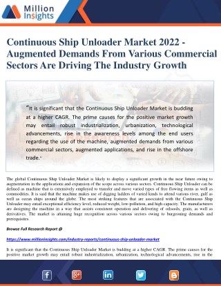 Continuous Ship Unloader Market 2022 - Augmented Demands From Various Commercial Sectors Are Driving The Industry Growth