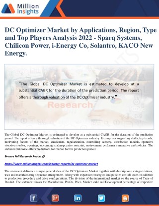 DC Optimizer Market by Applications, Region, Type and Top Players Analysis 2022 - Sparq Systems, Chilicon Power, i-Energ