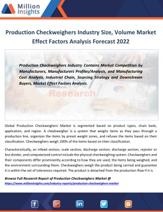 Production Checkweighers Industry Key Raw Materials, Market Effect Factors Forecast 2022