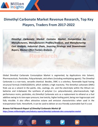 Dimethyl Carbonate Market Distributors, Industrial Chain, Cost Analysis By 2022