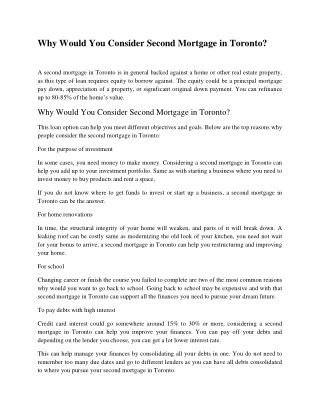 WHY WOULD YOU CONSIDER SECOND MORTGAGE IN TORONTO