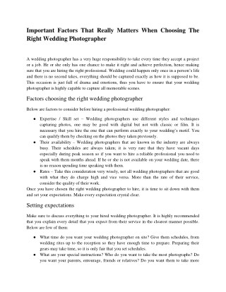 Important Factors That Really Matters When Choosing The Right Wedding Photographer