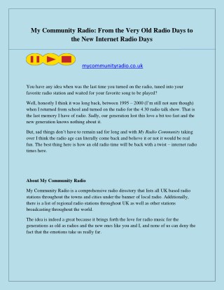 My Community Radio: From the Very Old Radio Days to the New Internet Radio Days