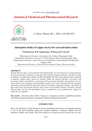 Adsorption studies of copper ion by low cost activated carbon