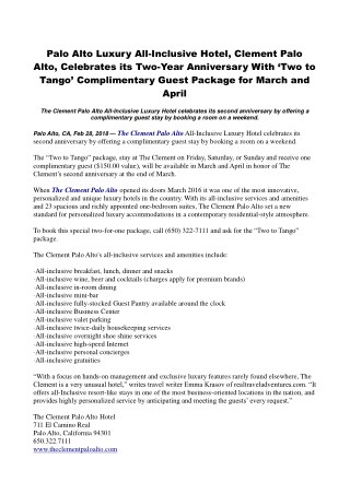 Palo Alto Luxury All-Inclusive Hotel, Clement Palo Alto, Celebrates its Two-Year Anniversary With â€˜Two to Tangoâ€™ Com