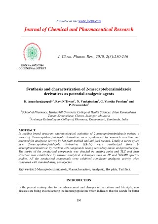 Synthesis and characterization of 2-mercaptobenzimidazole derivatives as potential analgesic agents