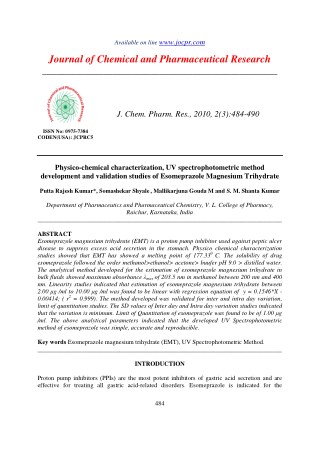 Physico-chemical characterization, UV spectrophotometric method development and validation studies of Esomeprazole Magne