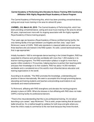Carmel Academy of Performing Arts Elevates Its Dance Training With Continuing Affiliation With Highly Regarded Royal Aca